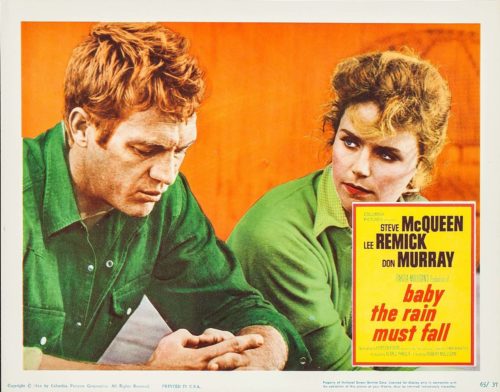 Original vintage US cinema Lobby Card for the 1965 movie, Baby the Rain Must Fall, starring Steve McQueen, measuring 11 ins by 14 ins