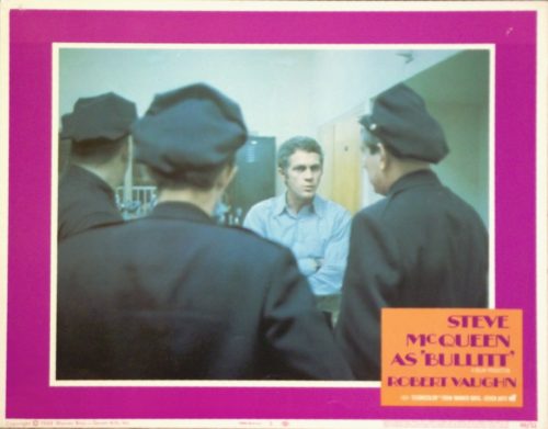 Original US cinema lobby card for 1968 classic, Bullitt, starring Steve McQueen, measuring 11 ins by 14 ins