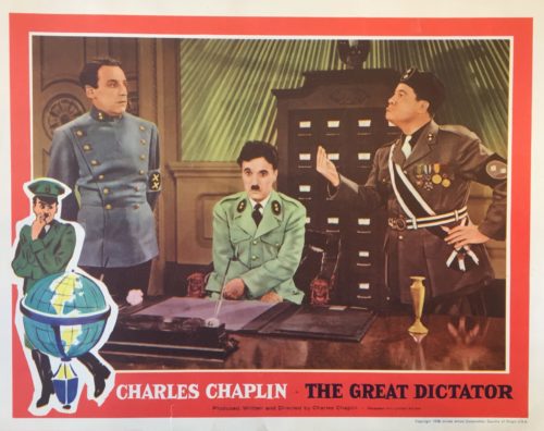 Original vintage US cinema Lobby Card for the 1958 release of Chaplin's The Great Dictator, measuring 11 ins by 14 ins
