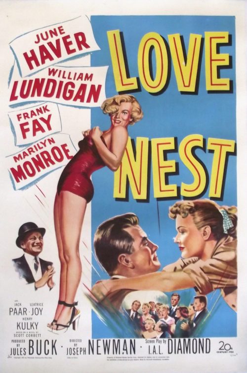Original vintage US One Sheet cinema poster for 1951 movie, Love Nest, with Marilyn Monroe, measuring 27 ins by 41 ins