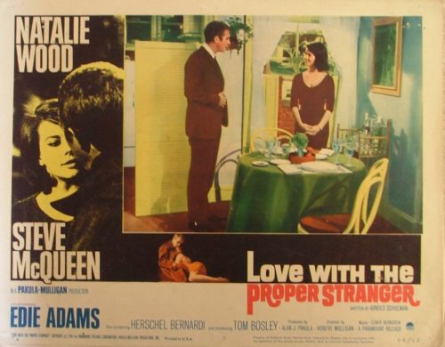 Original vintage US cinema Lobby Card for the 1963 movie, Love With the Proper Stranger, starring Steve McQueen, measuring 11 ins by 14 ins