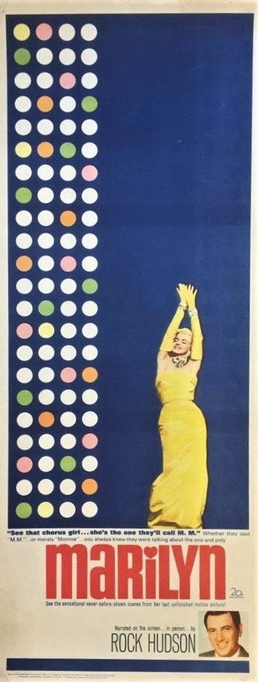 Original vintage US Insert cinema movie poster for 1963 documentary Marilyn, starring Marilyn Monroe, measuring 14 ins by 36 ins