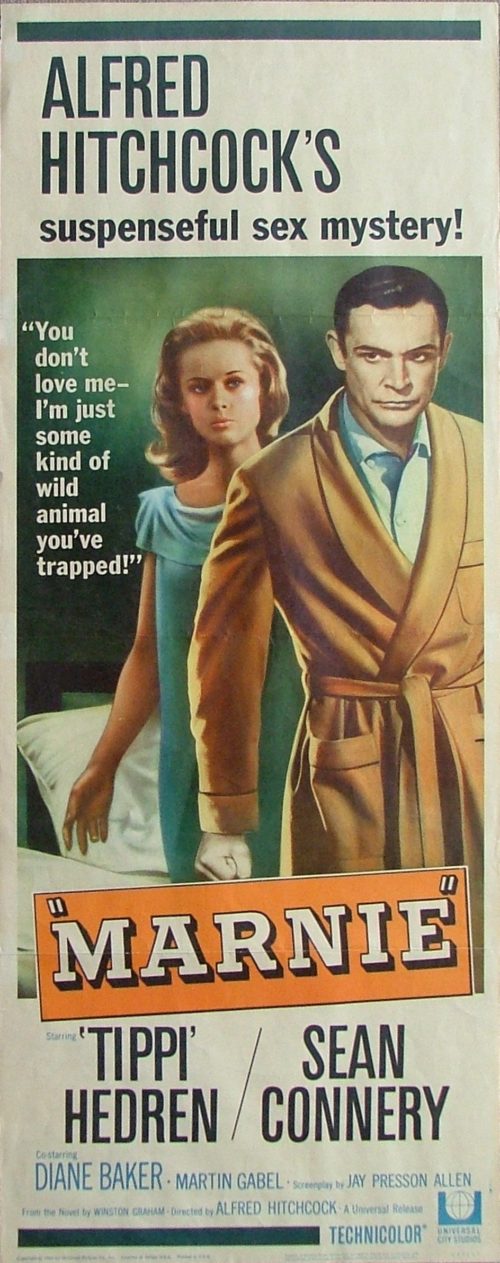 Original vintage US Insert movie poster for Hitchcock's 1964 film, Marnie, starring Sean Connery and Tippi Hedren, measuring 14 ins by 36 ins