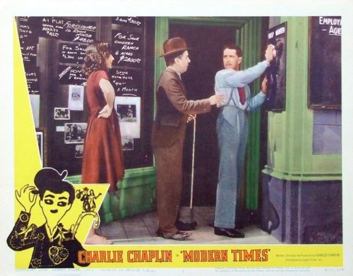 Original vintage cinema Lobby Card for the 1959 release of the classic comedy from Charlie Chaplin, Modern Times, measuring 11 ins by 14 ins