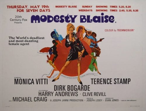 Great Bob Peak artwork on this UK Quad poster (30"x40") for Modesty Blaise, the 1966 Spy spoof.