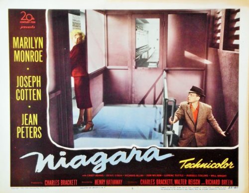 Original vintage US lobby card for 1953 movie, Niagara, starring Marilyn Monroe, measuring 11 ins by 14 ins