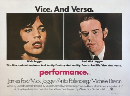 Original vintage UK cinema Quad poster for 1970's Performance starring Mick Jagger, measuring 30 ins by 40 ins
