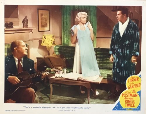Original vintage US Lobby Card for classic noir film, The Postman Always Rings Twice, starring Lana Turner and measuring 11 ins by 14 ins