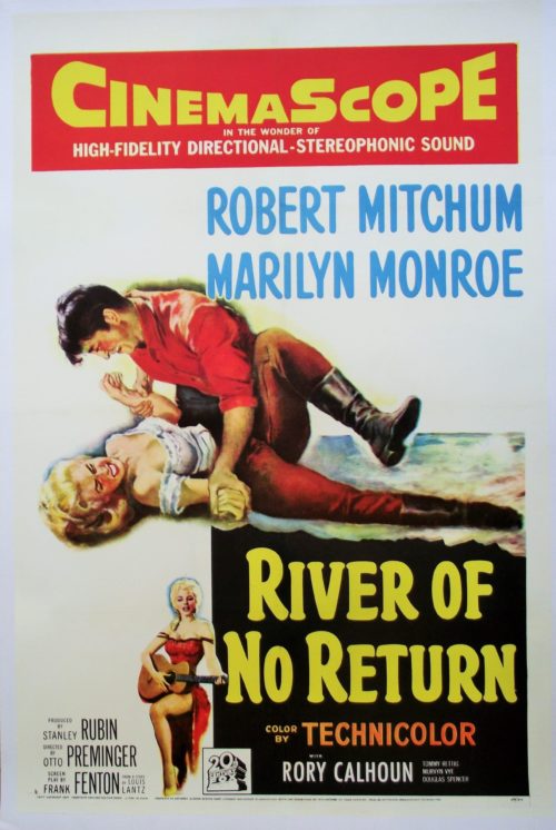 Original vintage US One Sheet cinema poster for River of No Return, starring Robert Mitchum and Marilyn Monroe, measuring 27 ins by 41 ins