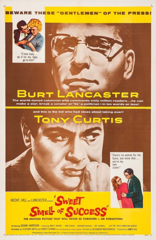 Original vintage US One Sheet movie poster for 1957 film, Sweet Smell of Success, starring Tony Curtis and Burt Reynolds, measuring 27 ins by 41 ins