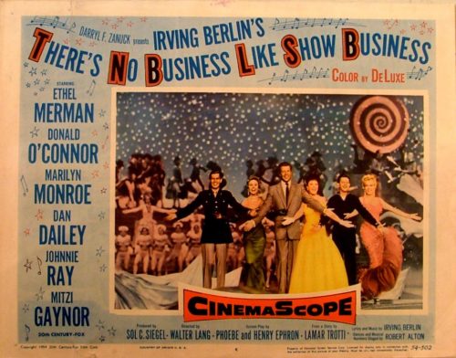 Original vintage US cinema lobby card for the musical There's No Business Like Show Business, measuring 11 ins by 14 ins