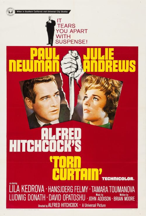 Original US One Sheet cinema poster for the 1966 Alfred Hitchcock movie, Torn Curtain, starring Paul Newman and Julie Andres, measuring 27 ins by 41 ins