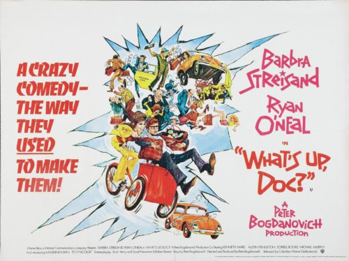 VIntage original UK cinema quad poster for screwball comedy What's Up Doc? Ryan O'Neal and Barbra Streisand