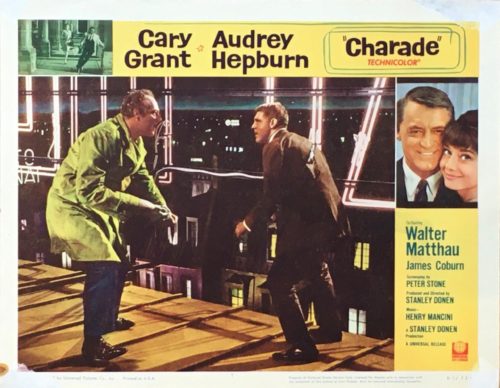 Original vintage US cinema lobby card poster for the 1963 movie starring Cary Grant and Audrey Hepburn