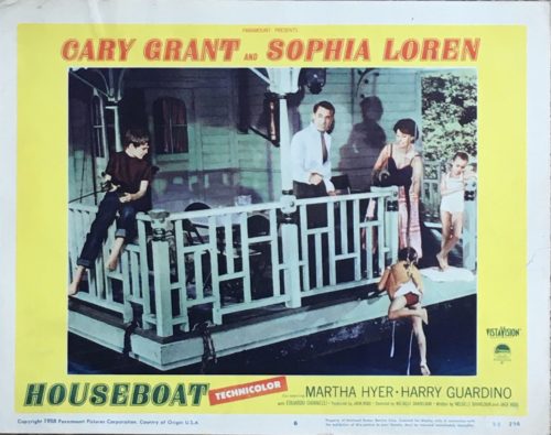 Original vintage US cinema lobby card poster for 1958 comedy, Houseboat, with Cary Grant and Sophie Loren