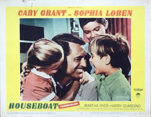 Original vintage US cinema lobby card poster for 1958 comedy, Houseboat, with Cary Grant and Sophie Loren