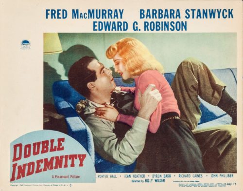 Original vintage US Lobby Card cinema poster for classic film noir, Double Indemnity
