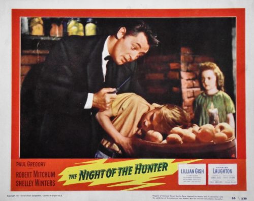 Original vintage US cinema lobby card with Roberrt Mitchum in The Night of the Hunter