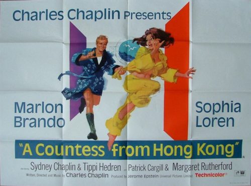 Original vintage UK Quad cinema poster for Chaplin comedy A Countess from Hong Kong starring Marlon Brando and Sophia Loren