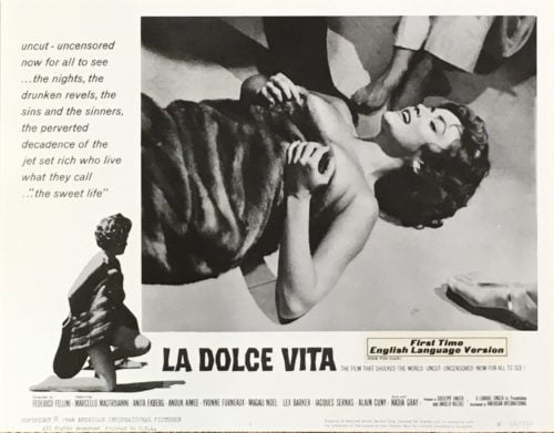 Original vintage US cinema lobby card poster for Fellini's La Dolce Vita
