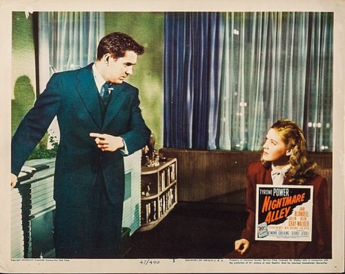 Vintage original US cinema lobby card for Nightmare Alley, 1947 film noir with Tyrone Power and Joan Blondell