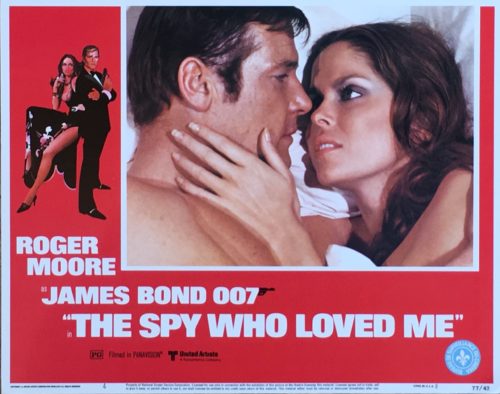 Vintage original US cinema lobby card for Roger Moore and Barbara Bach on James Bond movie The Spy Who Loved Me