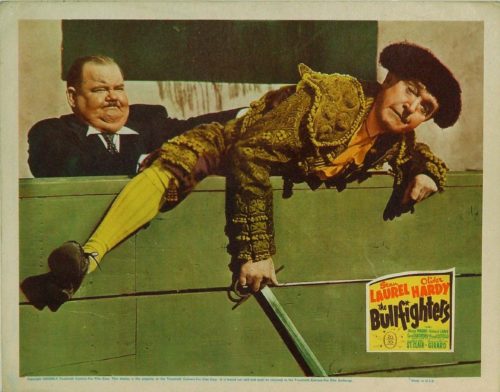 Original vintage US cinema lobby card movie poster for Laurel and Hardy's The Bullfighters