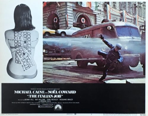 Original vintage US cinema lobby card for Michael Caine classic crime caper The Italian Job
