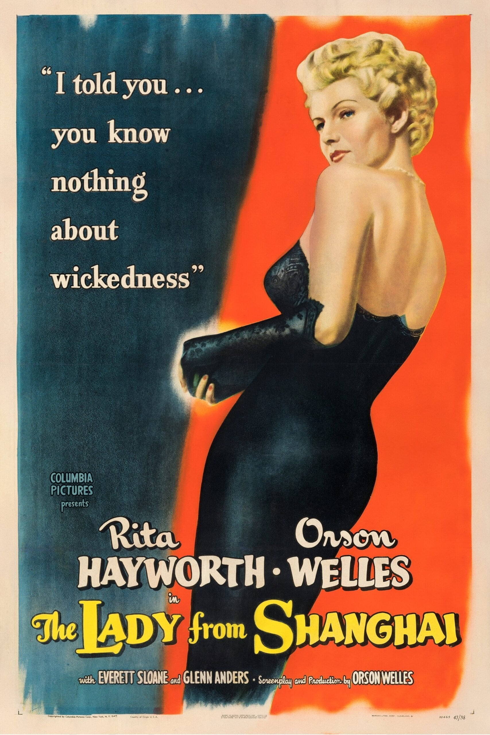 Original vintage cinema movie poster for The Lady from Shanghai starring Rita Hayworth and Orson Welles