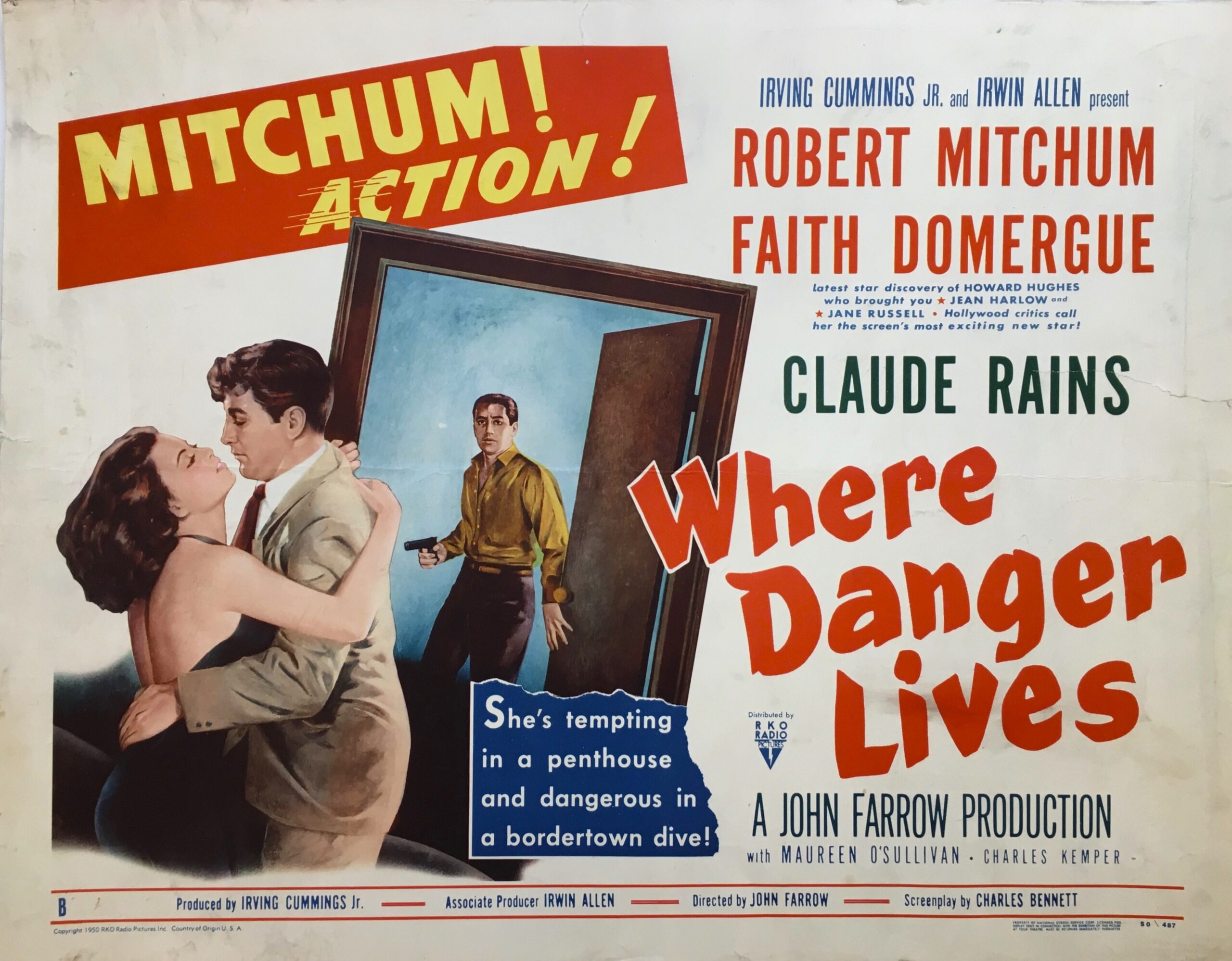 Vintage original US cinema poster for Robert Mitchum film noir Where Danger Lives.