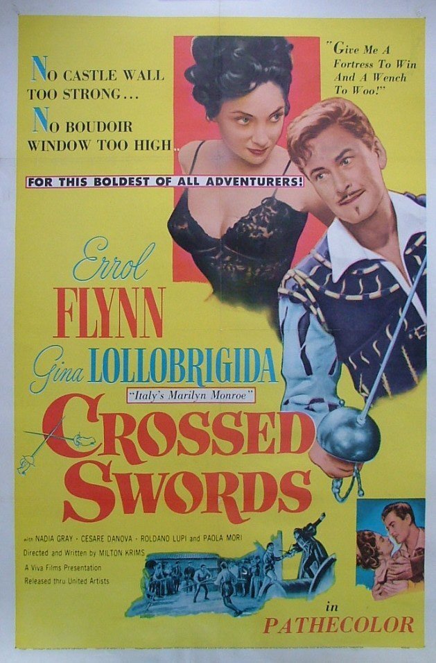 Vintage original US cinema One Sheet poster for Errol Flynn ad Gina Lollobrigida in Crossed Swords.