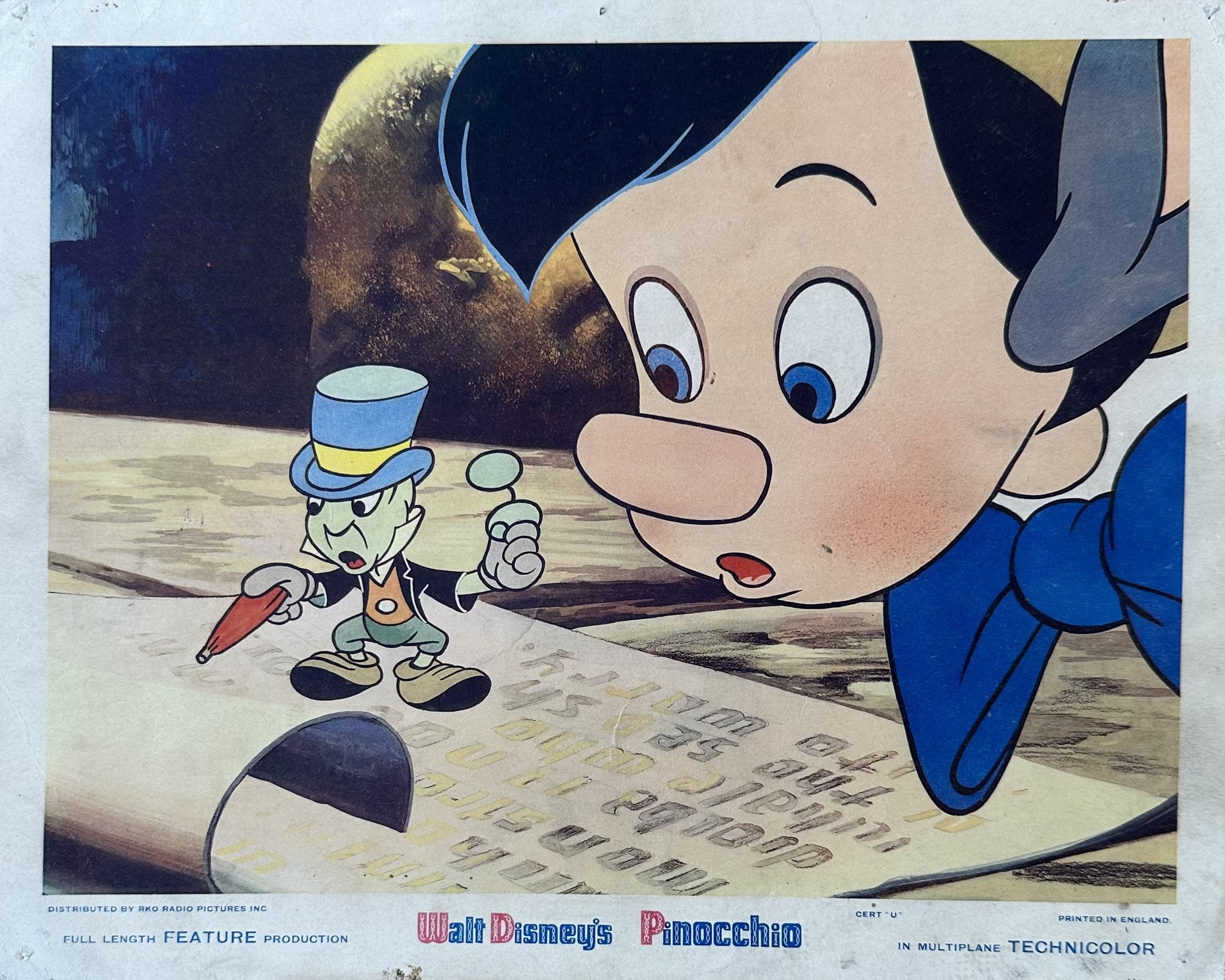 Original vintage UK cinema front of house lobby card from the 1940 release of Dissney classic, Pinocchio