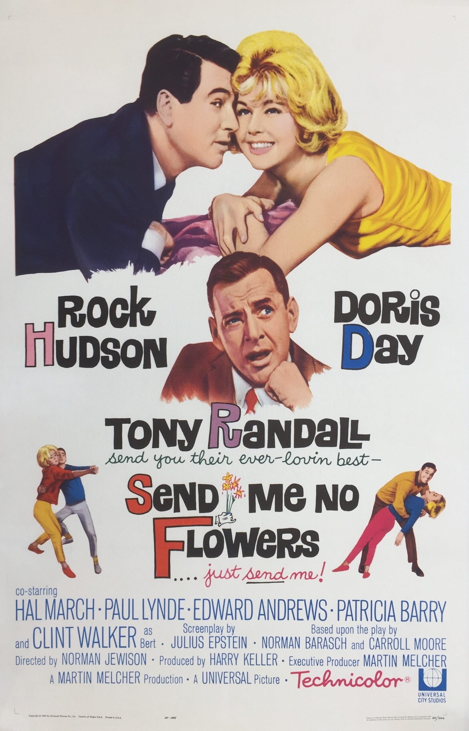 Original vintage cinema movie poster for Rock Hudson and Doris Day in Send Me No Flowers