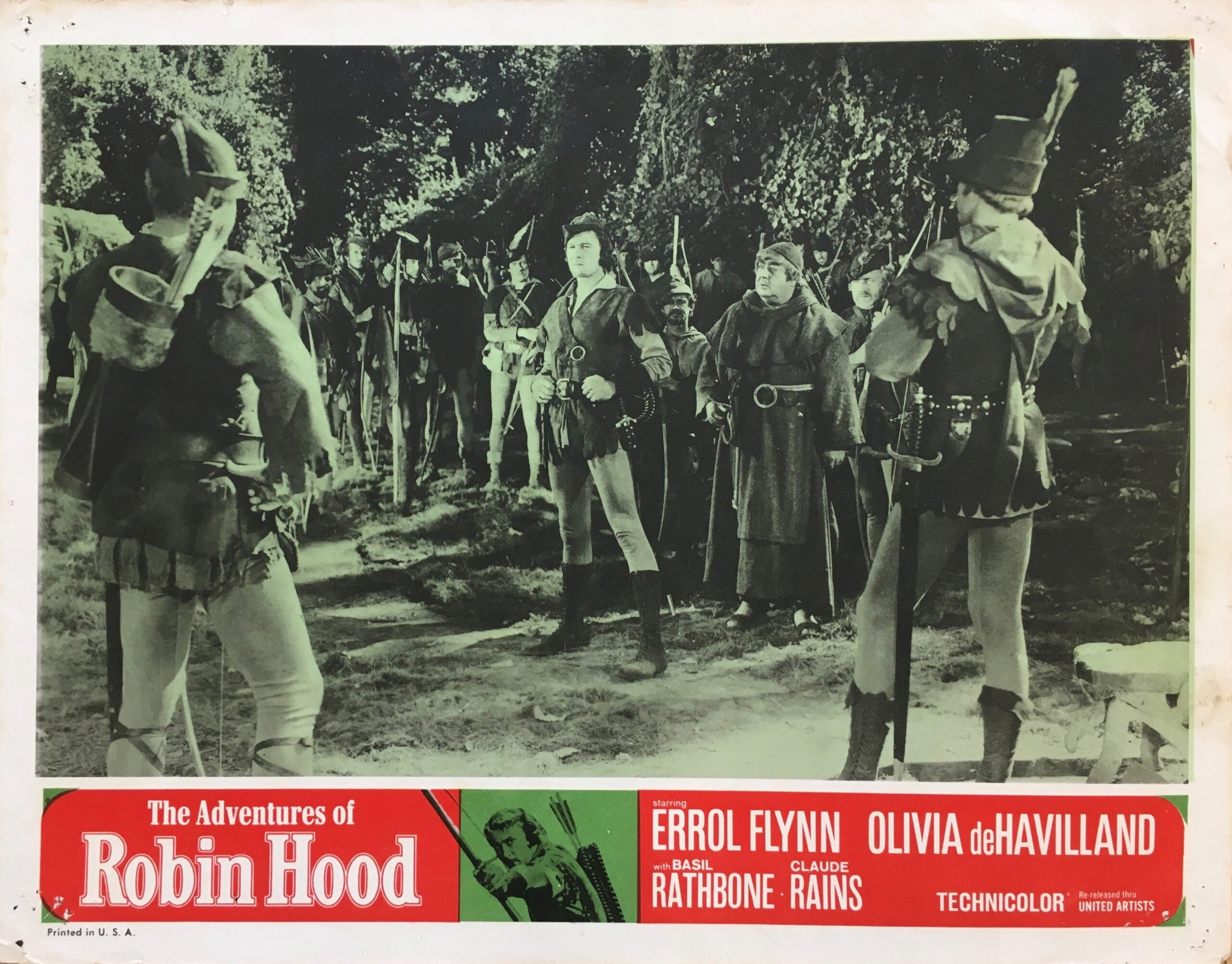 Vintage original US lobby card poster for classic swashbuckler, The Adventures of Robin Hood starring Errol Flynn.
