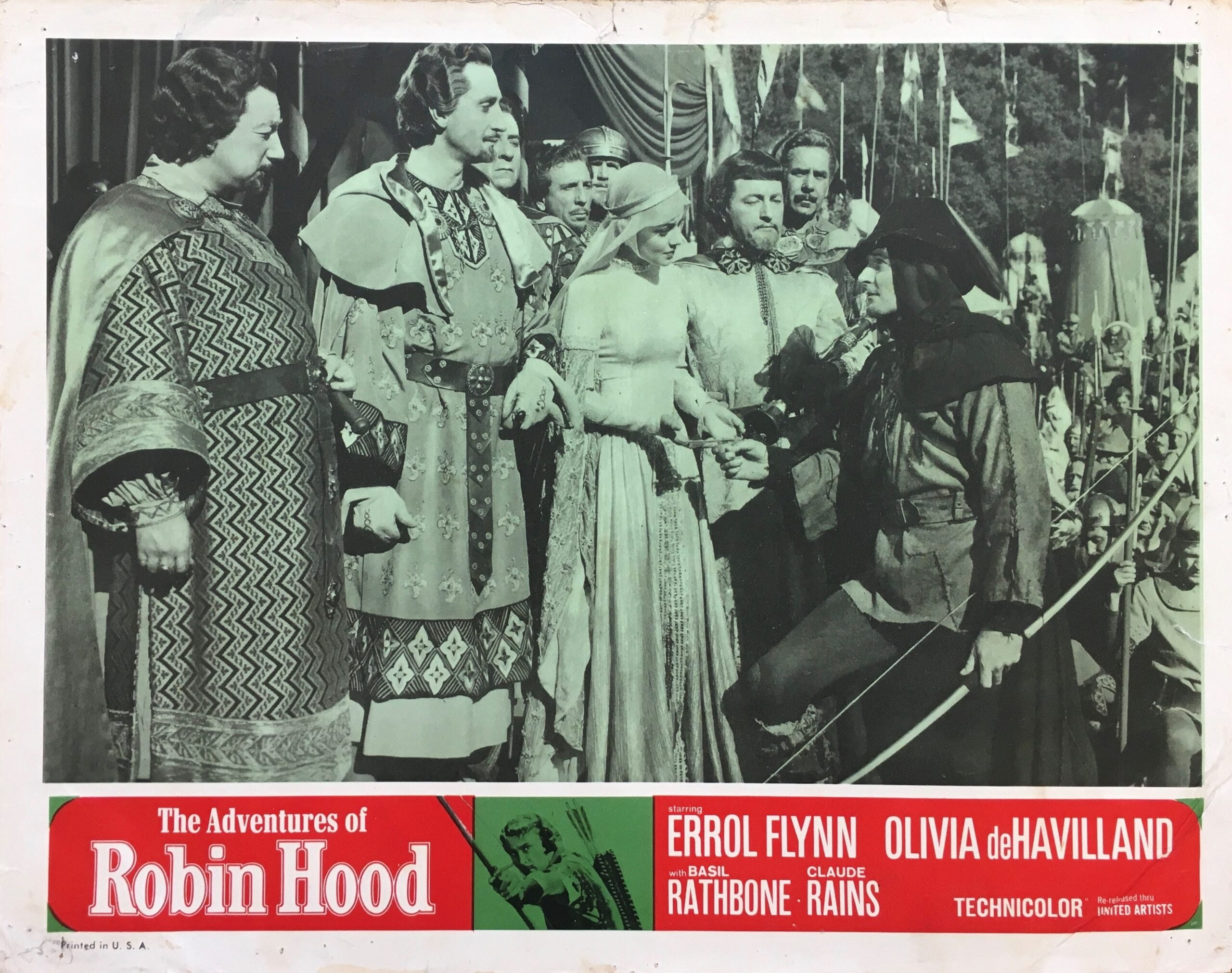 Vintage original US cinema lobby card poster for sale for Errol Flynn and Olivia de Havilland in The Adventures of Robin Hood.