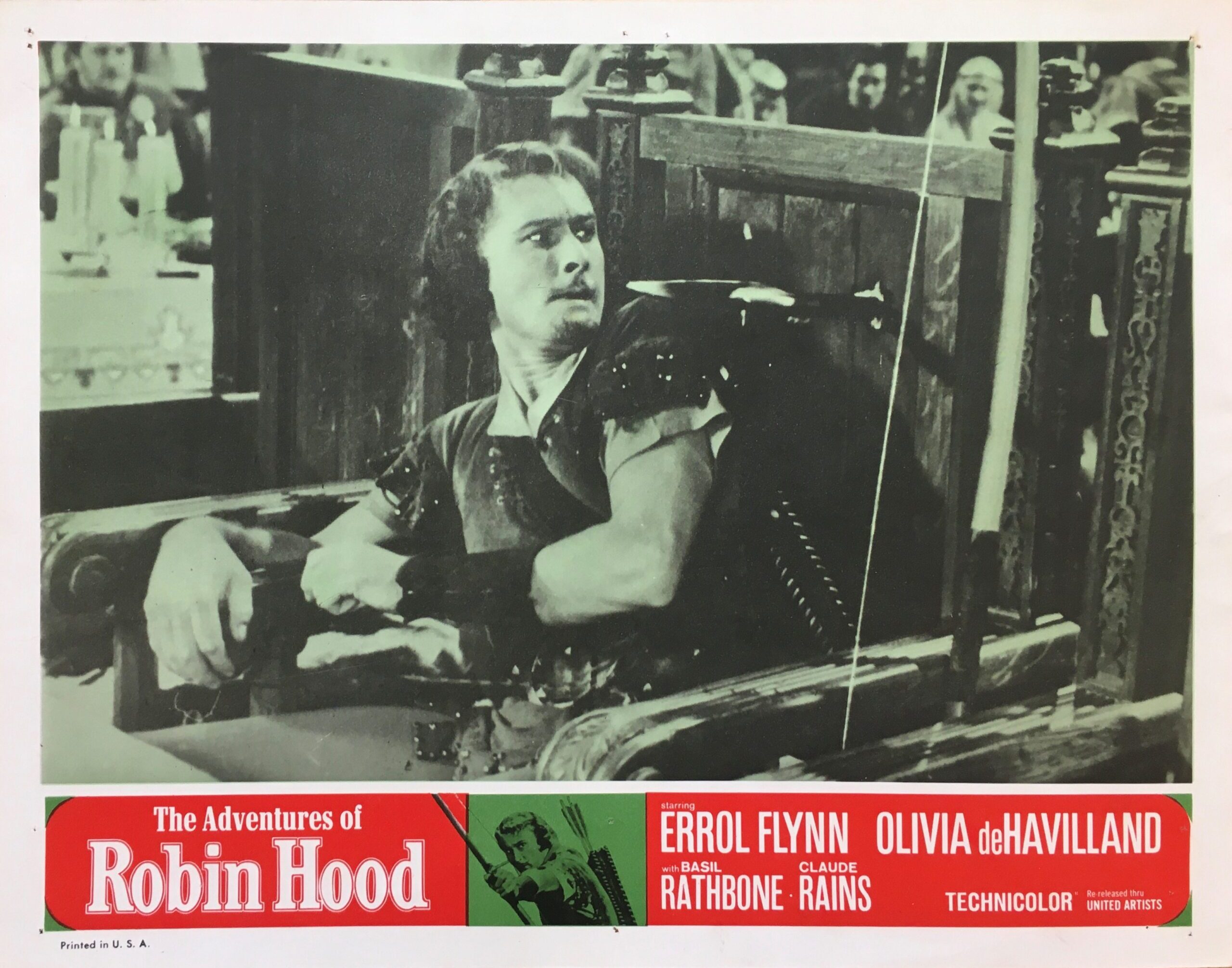 Original vintage US cinema lobby card for sale for Errol Flynn in The Adventures of Robin Hood.