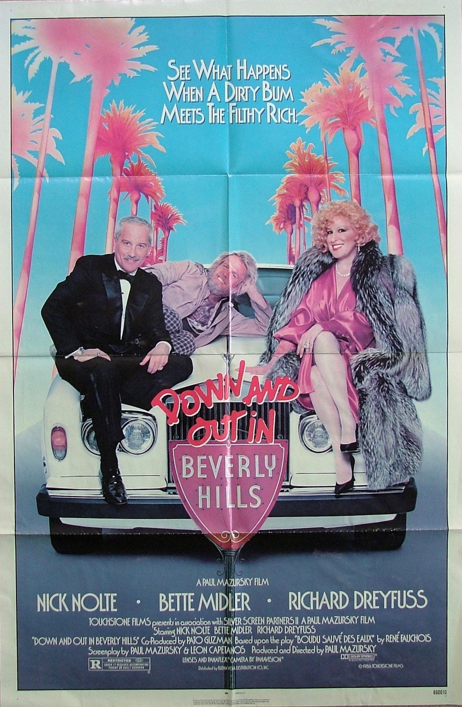 Vintage original US cinema One Sheet poster for Nick Nolte, Richarad Dreyfuss and Bette Midler in Down and Out in Beverly Hills.