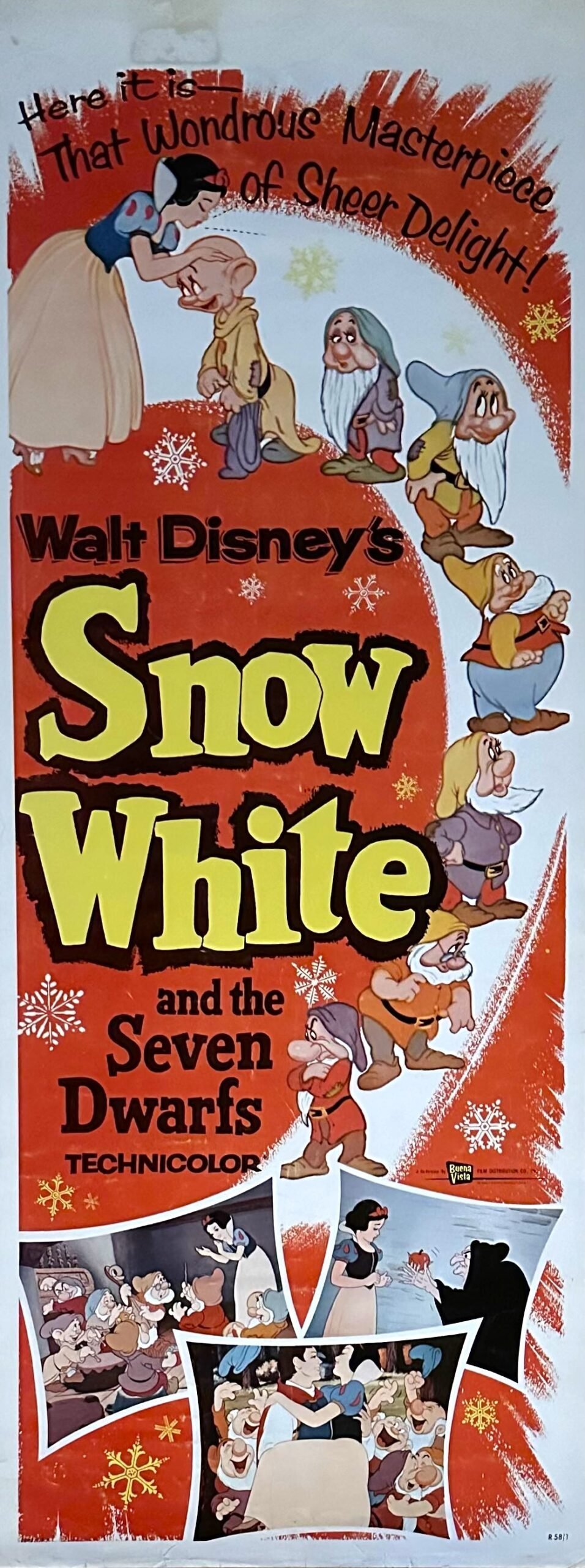 Original cinema movie poster for Disney classic animation, Snow White and the Seven Dwarfs