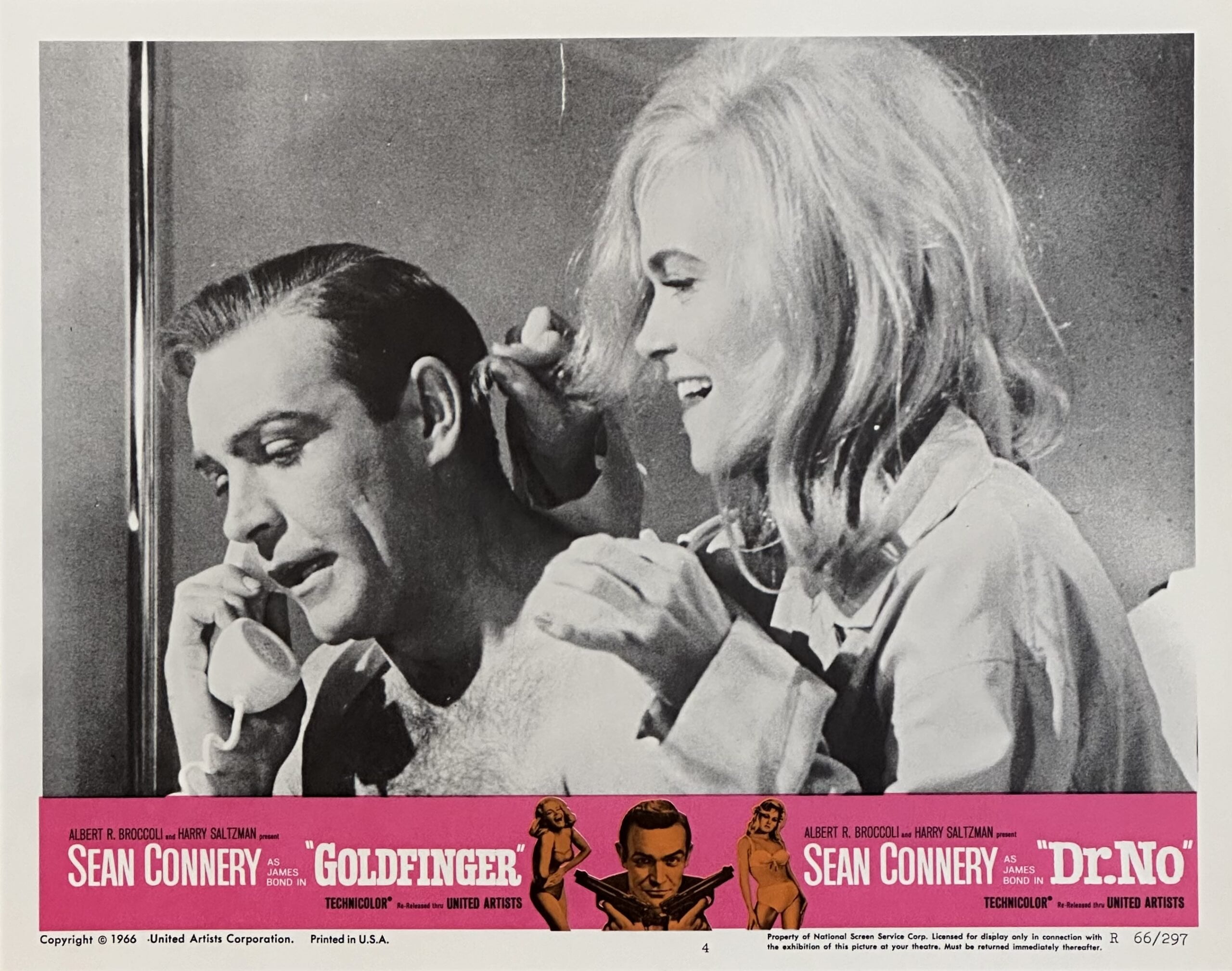 Original vintage cinema lobby card movie poster for the James Bond 007 double bill of Goldfinger and Dr No