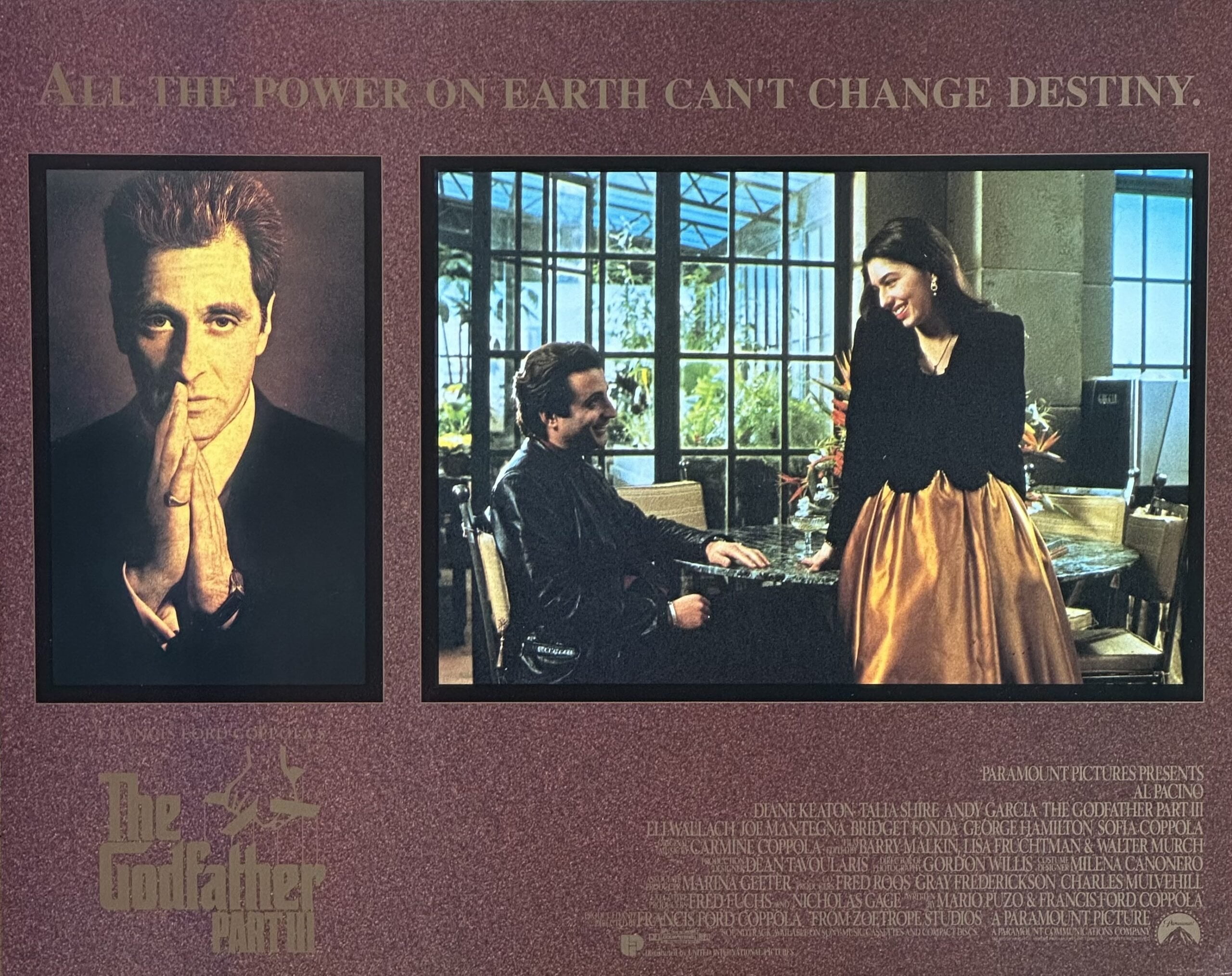 Original vintage cinema lobby card movie poster for The Godfather Part III, starring Al Pacino