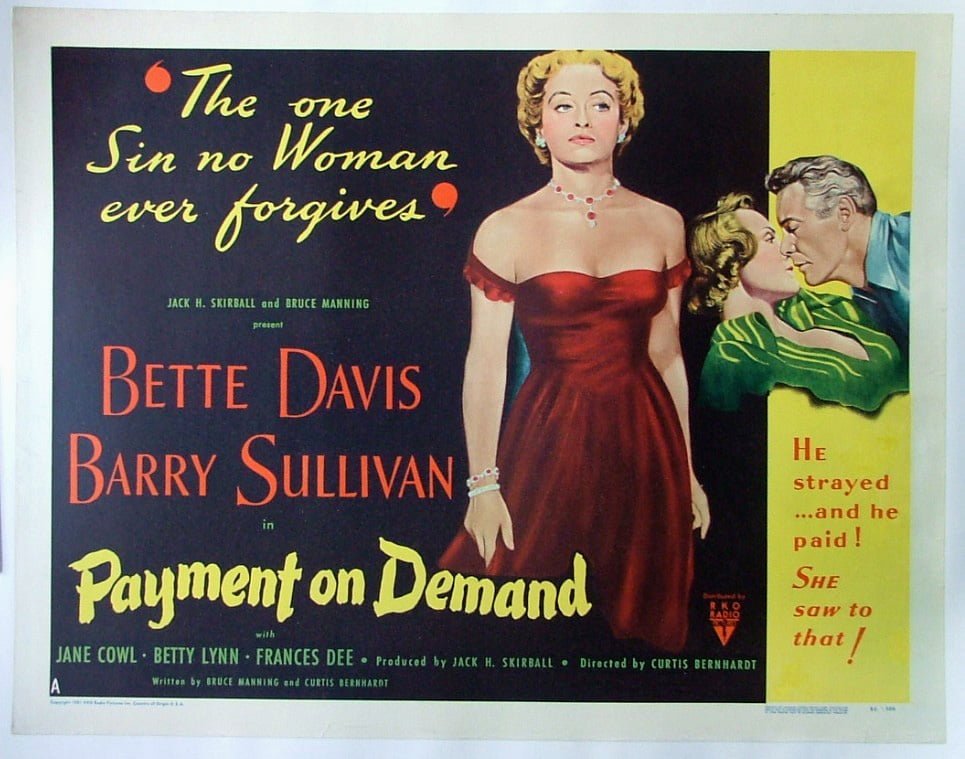 Vintage original US cinema film poster for 1951 Bette Davis movie Payment on Demand
