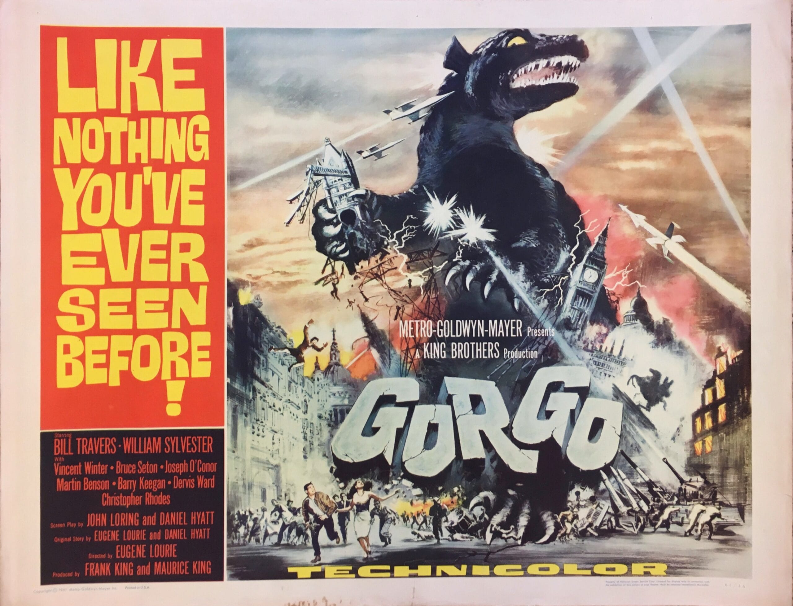 Original vintage cinema movie poster for Godzilla inspired sci-fi film, Gorgo