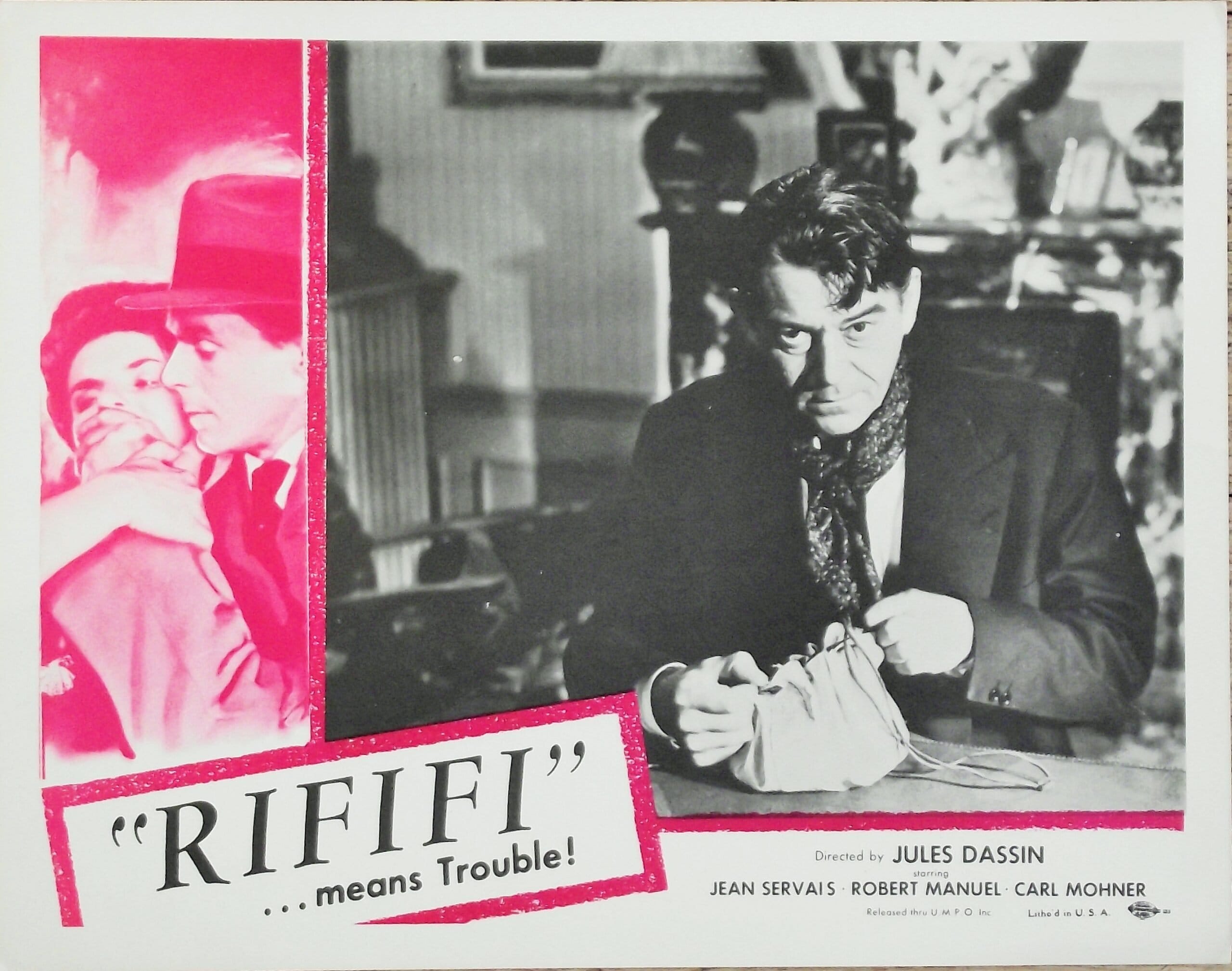 Vintage original US cinema lobby card poster for Jules Dassin's Rififi.