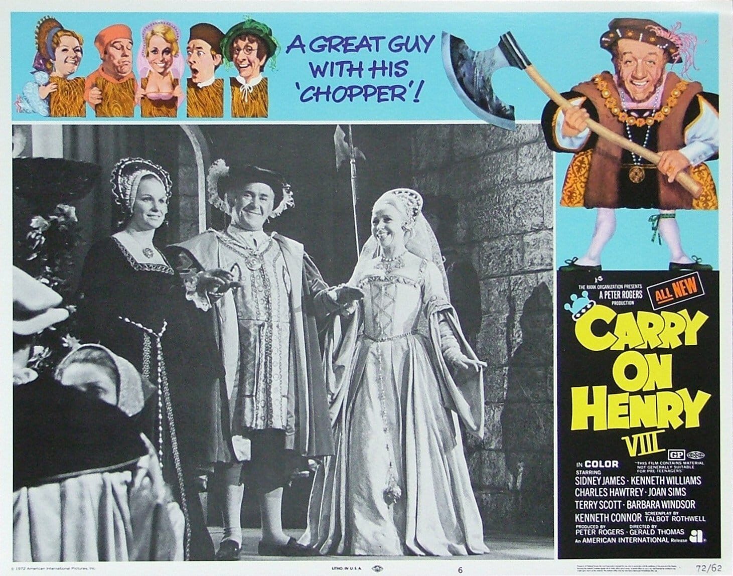 Original vintage cinema lobby card movie poster for the comedy, Carry On Henry
