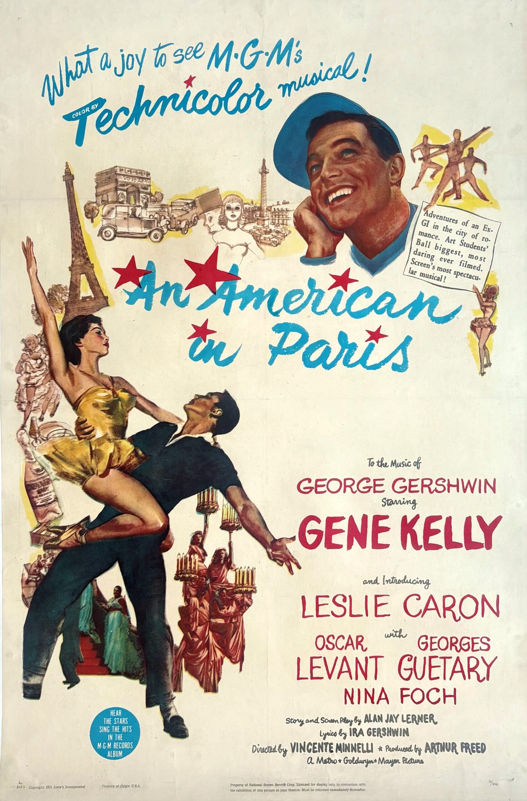 Original vintage cinema movie poster for An American in Paris starring Gene Kelly and Leslie Caron