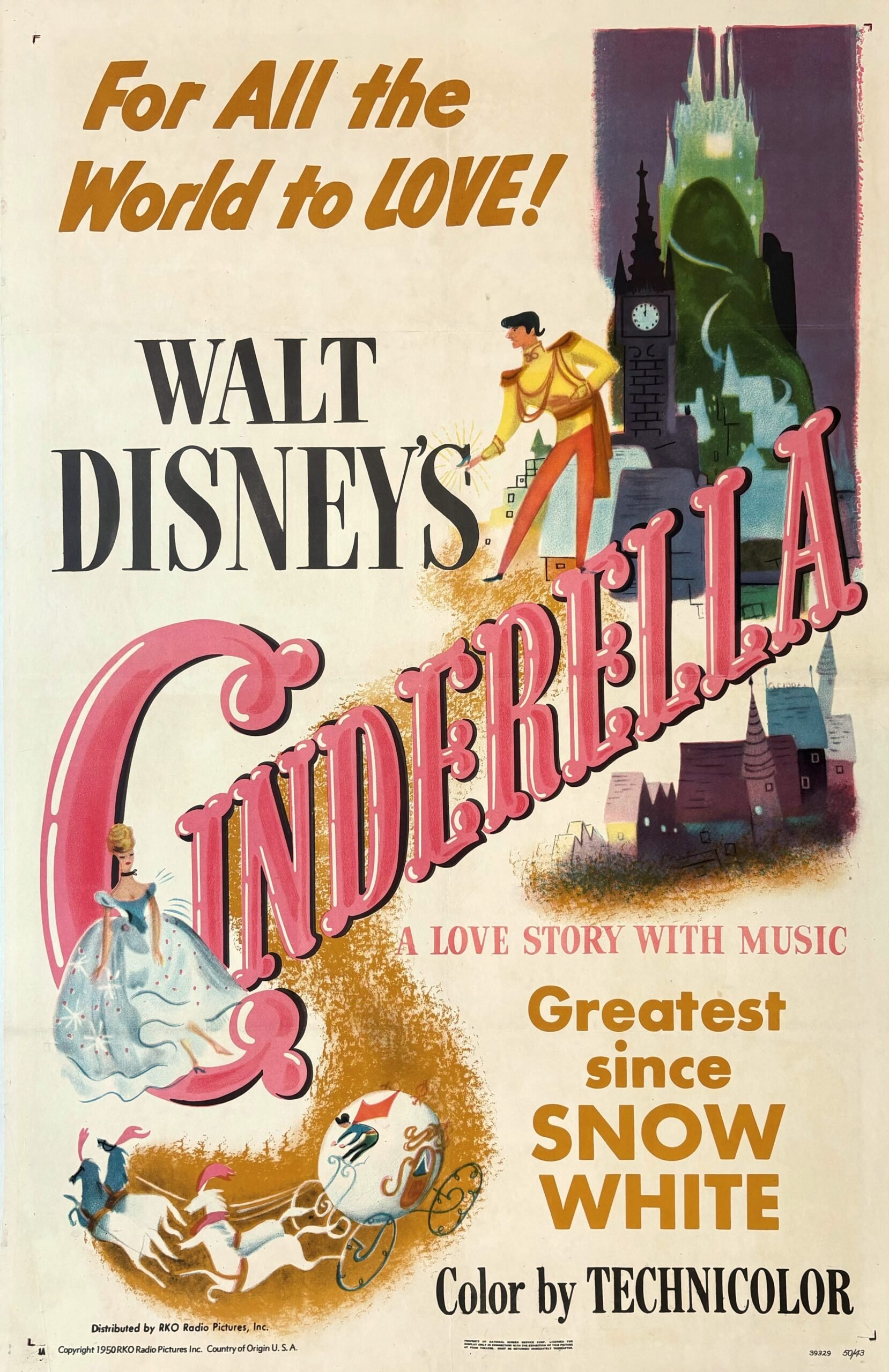 Original vintage cinema movie poster for the Disney classic, Cinderella