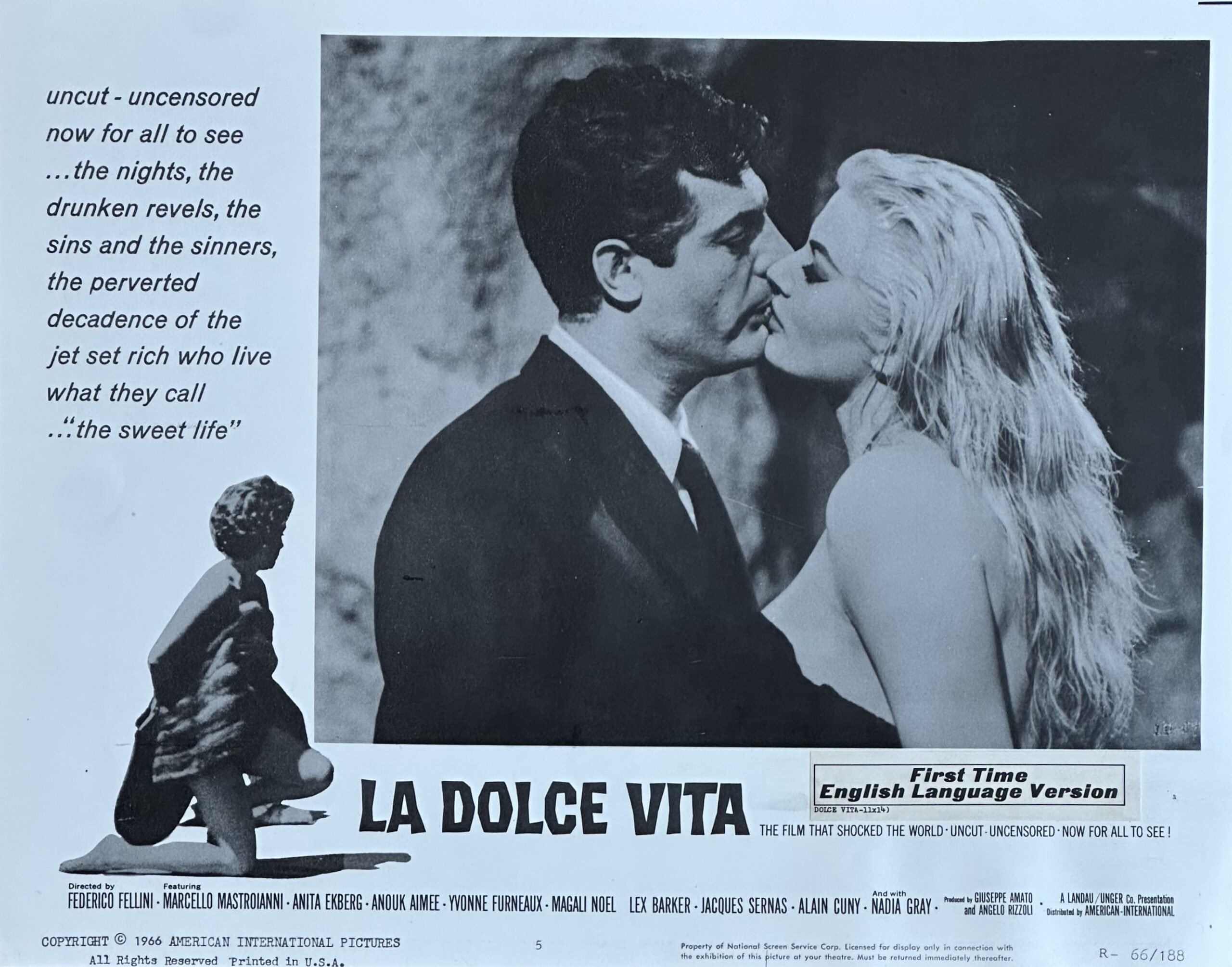 Original vintage cinema lobby card for Fellini's La Dolce Vita