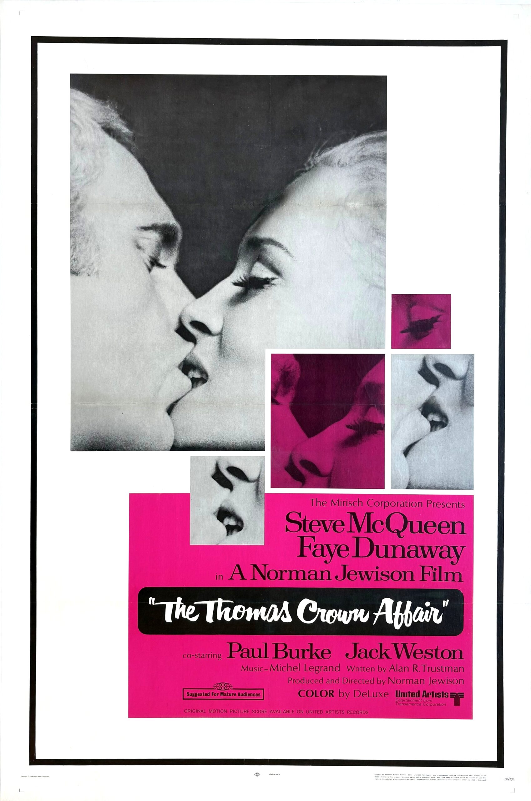 Vintage original US cinema movie poster for 1968 film The Thomas Crown Affair starring Steve McQueen and Faye Dunaway