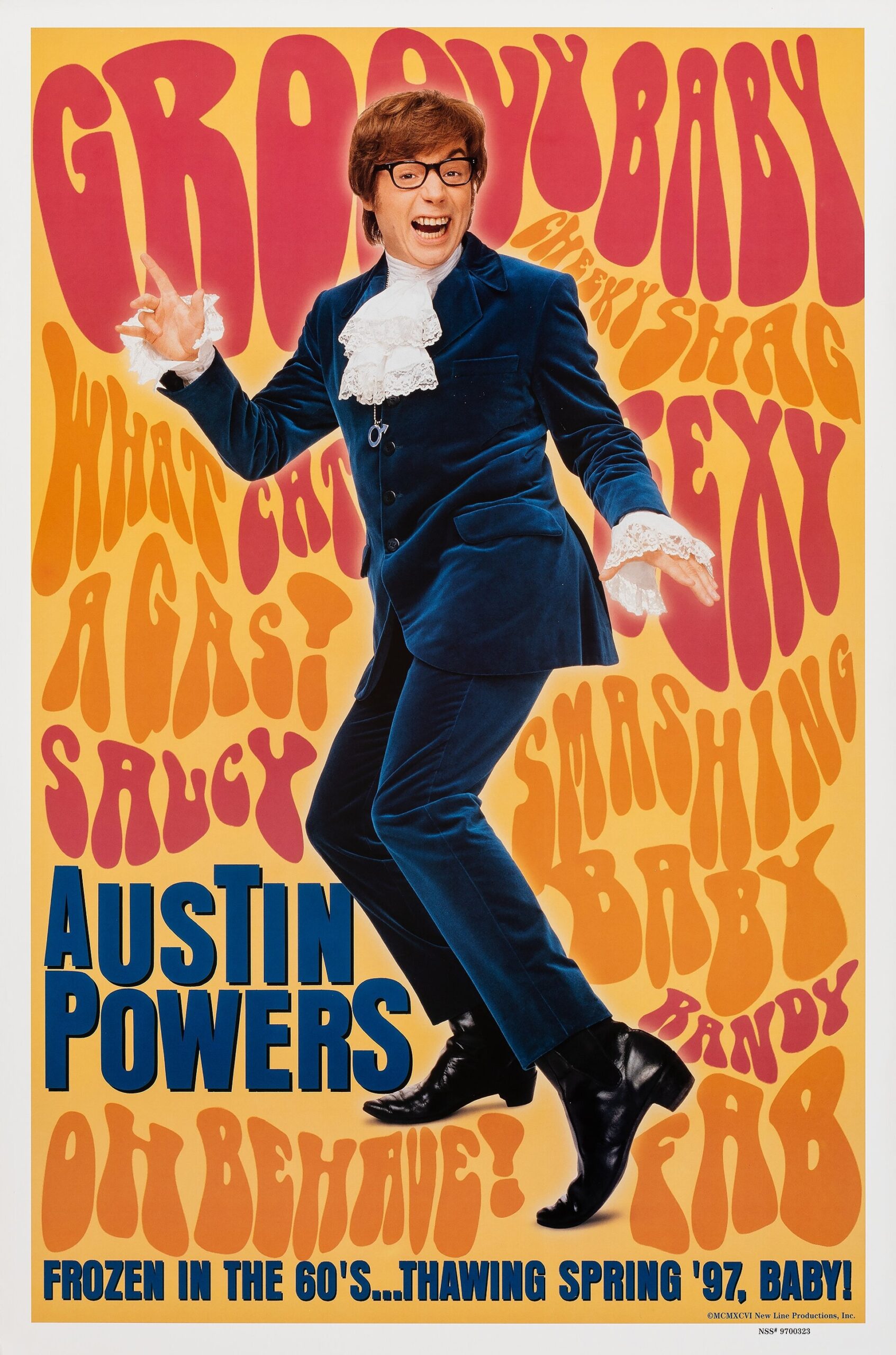 Vintage original US cinema advertisting movie poster for the first Austin Powers film.