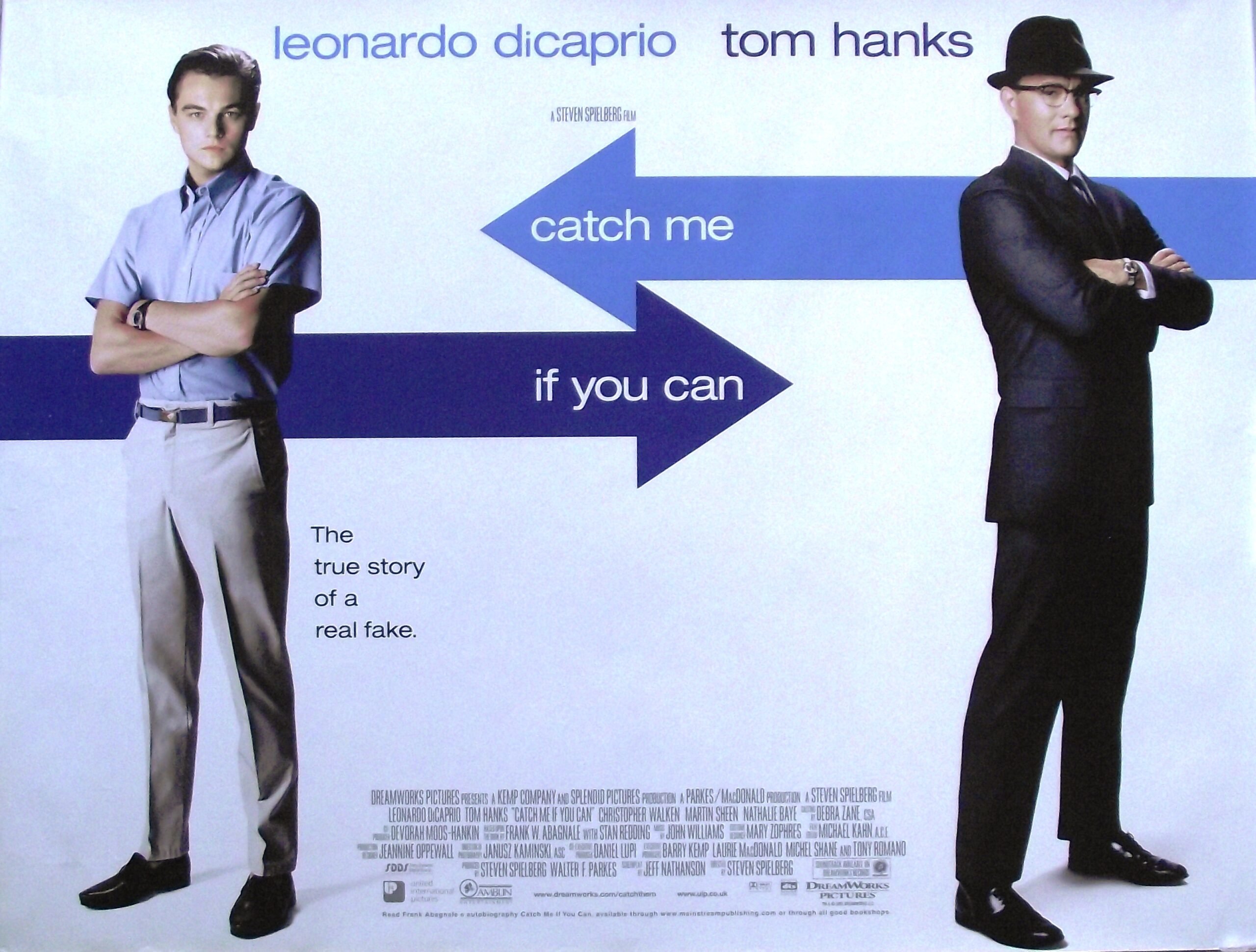 UK British cinema Quad poster for 2002 Tom Hanks and Leonardo Di Caprio movie, Catch Me If You Can.